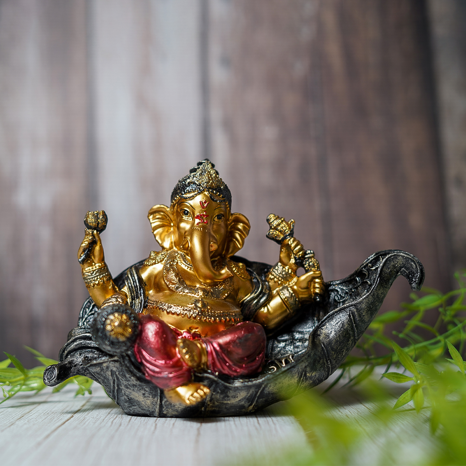 CL-RE-ST-GN-015-1 Craftlayout Handicrafts Resin Sitting On Shankh Lord Ganesha Idol - Image 1
