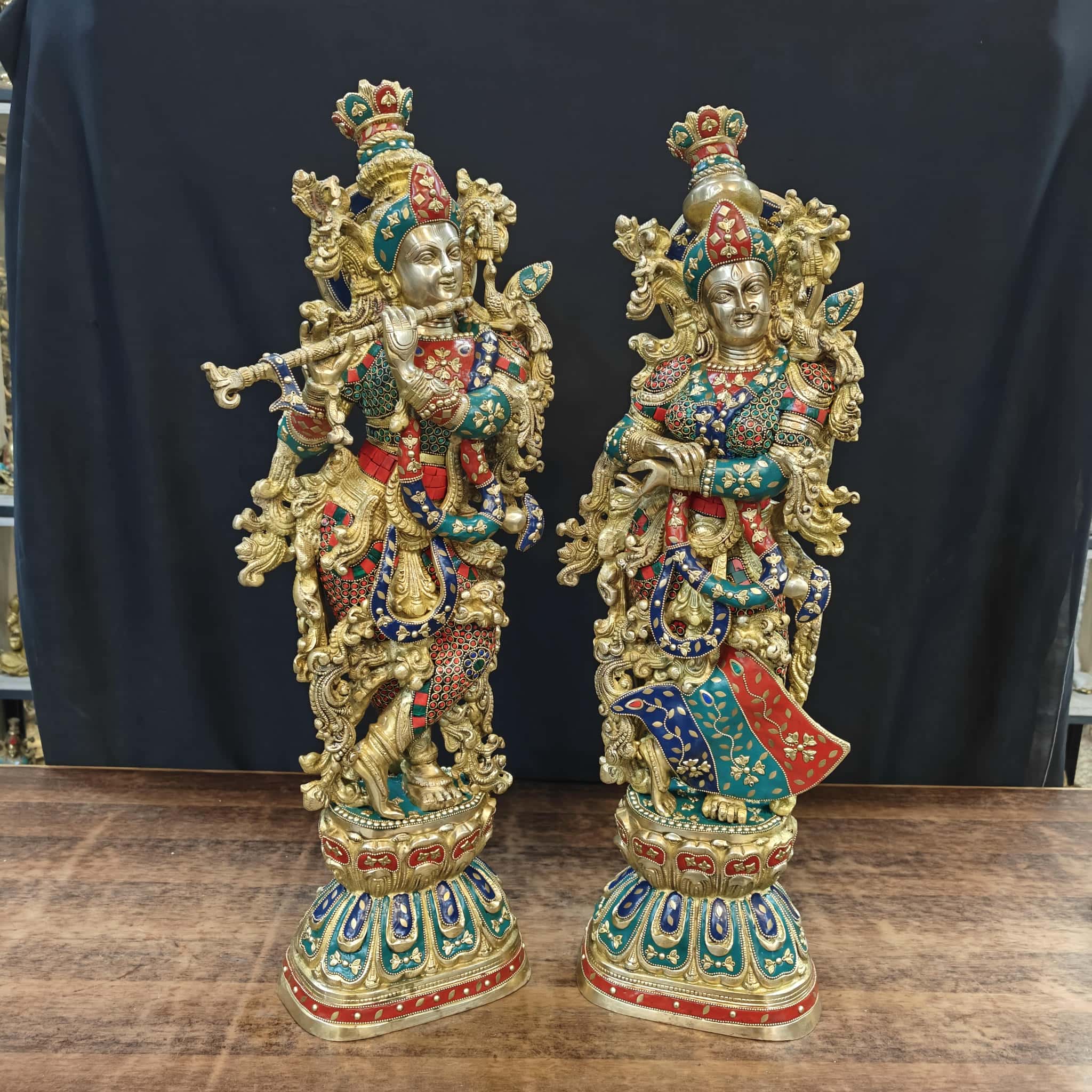 oplus_262176 Brass Radha Krishna Idol with Meenakari Jewel Work 29 Inch - Image 1