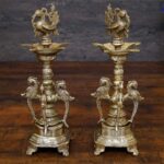 Brass Bird Oil Diya Lamp Pair Stand 13 Inch
