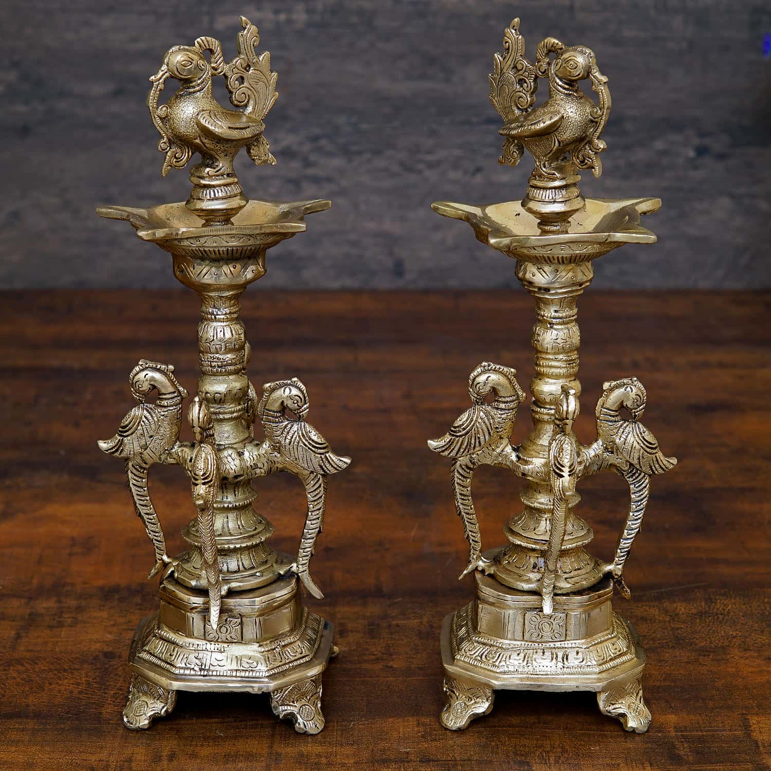 377900_C Brass Bird Oil Diya Lamp Pair Stand 13 Inch - Image 1