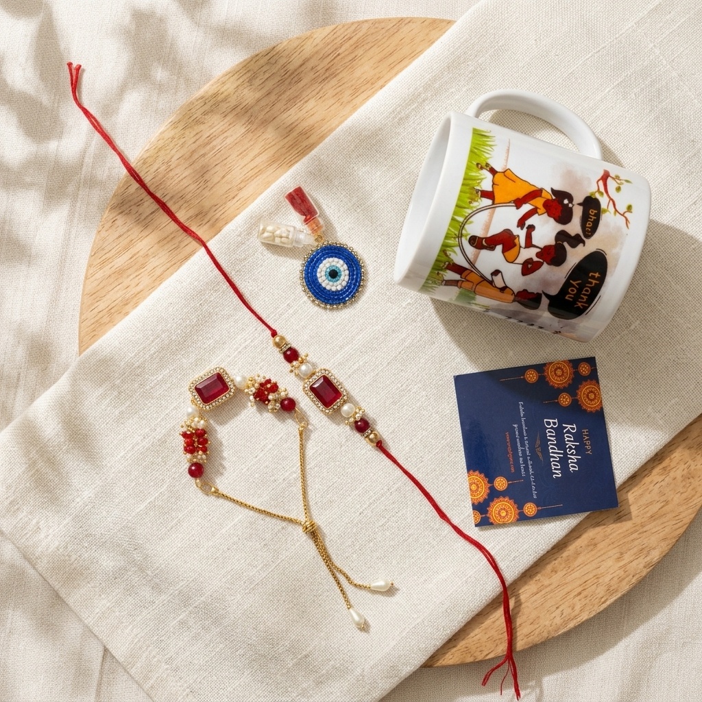 CL-RA-LM-058_M1.jpg Festive Rakhi Bundle Coffee Mug Roli Chawal Greeting Card Unique Gift Combo - Image 1