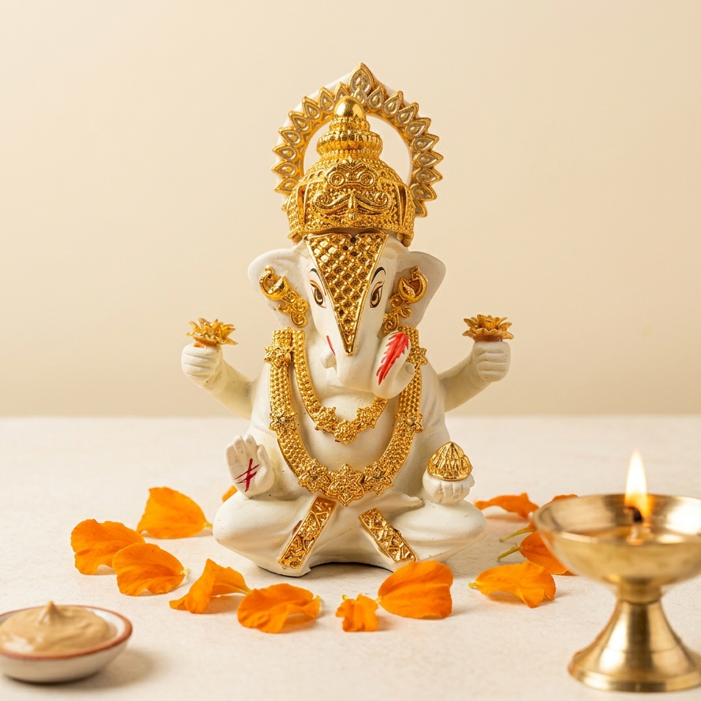 CL-001-RE-GS-107_1 Gold Mukut Ganesha Idol in Premium Resin for Home & Temple - Image 1